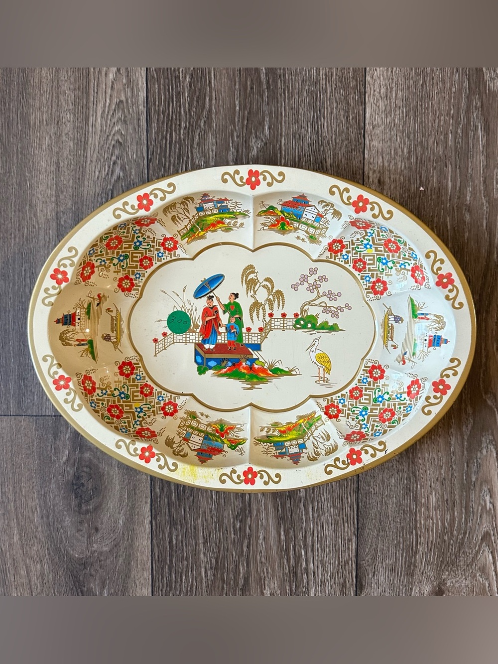 Daher Tray Bowl Oval Made in England Decorated Ware 12"x9" Asian Scene